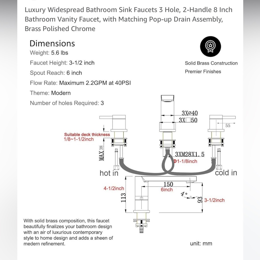 NIB Lavatory Mr Faucet Widespread Sink 3 Hole
2 Handle Bathroom Chrome pop drain - Picture 10 of 12